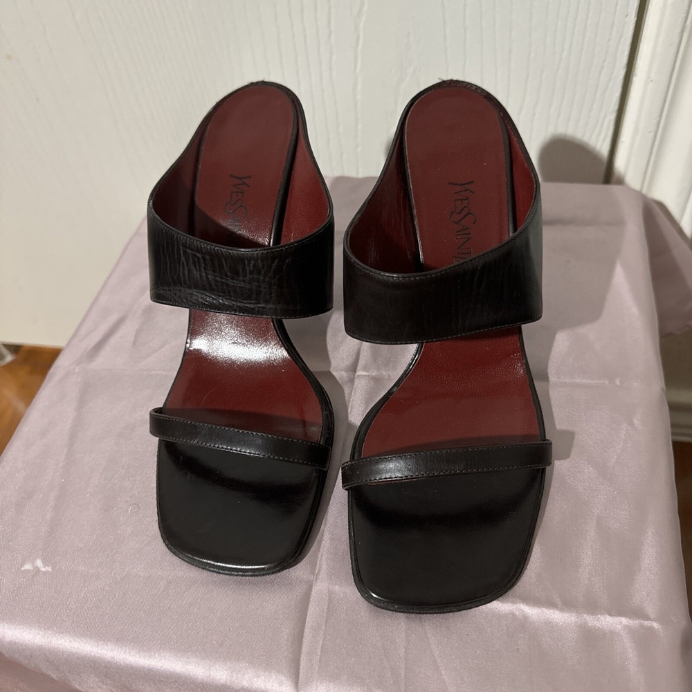 YSL Yves Saint Laurent Genuine Leather Slide on Sandals block Heel 6.5 M ITALY